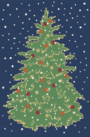 Vector illustration postcard design Christmas tree with Christmas decorations on blue background. Retro vintage style Xmas card.のイラスト素材