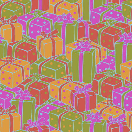 Vector seamless pattern of different colorful gift boxes. Design for wrapping paper.のイラスト素材