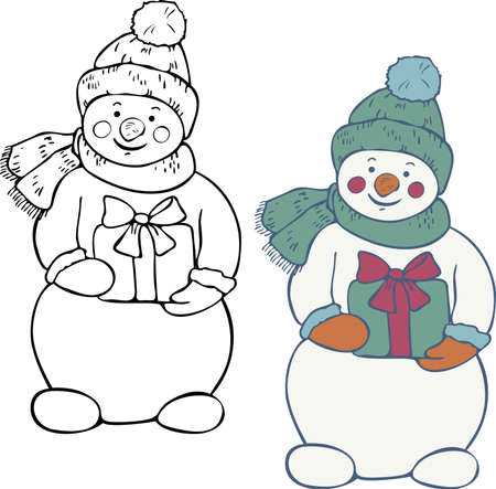 Vector illustration of black and white and colored snowmen with gifts. Winter Christmas snowman.のイラスト素材