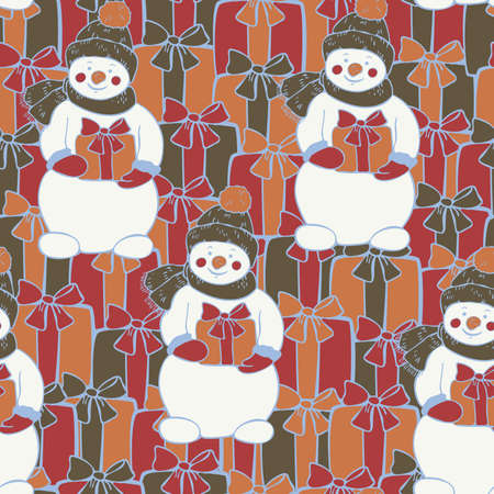 Vector seamless pattern of snowman holding gift box with gift boxes background. Design for wrapping paper for Christmas gifts.のイラスト素材