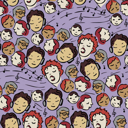 Vector seamless pattern of singing woman and happy audience listening her. Design for radio station or podcast.のイラスト素材
