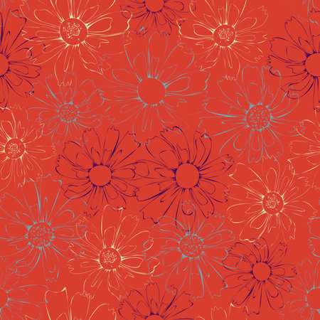 Vector seamless pattern with daisy flowers silhouettes on red background. Wallpaper or textile flower design.のイラスト素材
