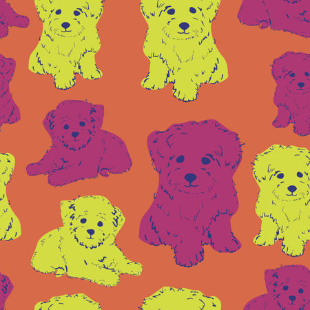 Vector seamless pattern with colorful puppies on orange background. Pet wallpaper or textile design.のイラスト素材