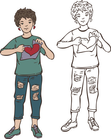 Vector illustration with girl tearing picture with heart, colored and silhouette. Heartbroken woman.のイラスト素材
