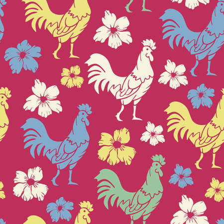 Vector seamless pattern with colorful rooster silhouettes on a vivid background. Roosters and flowers pattern.のイラスト素材