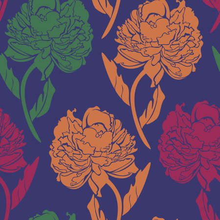 Vector seamless pattern with peonies on blue background. Design with vivid flowers.のイラスト素材