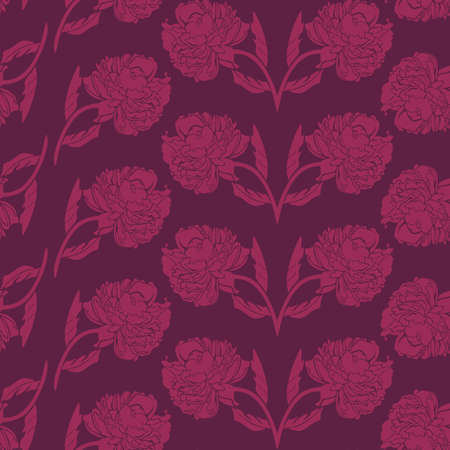 Vector seamless pattern with pink peonies on burgundy background. Silhouettes of vivid flowers, repetitive pattern.のイラスト素材