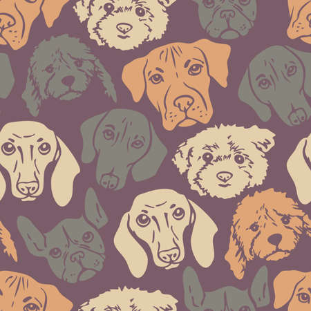 Vector seamless pattern with heads of different breeds dogs. Design with silhouettes of dog faces.のイラスト素材