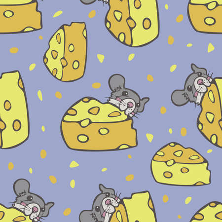 Vector seamless pattern with mouse and cheese. Little cute mouse is eating cheese.のイラスト素材