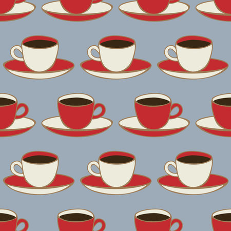 Vector seamless pattern with coffee cups and saucers. Bright design with hand drawn elements.のイラスト素材