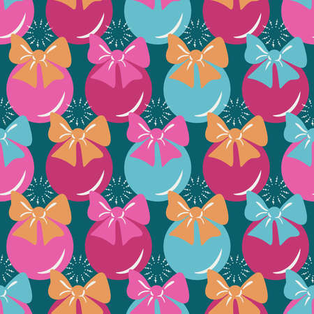 Vector seamless pattern with Christmas balls with bow knots and snowflakes. Design with Christmas baubles.のイラスト素材