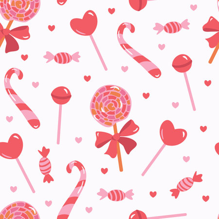 Vector seamless pattern with candies, lollipops, candycanes. Romantic design with sugary treat.のイラスト素材