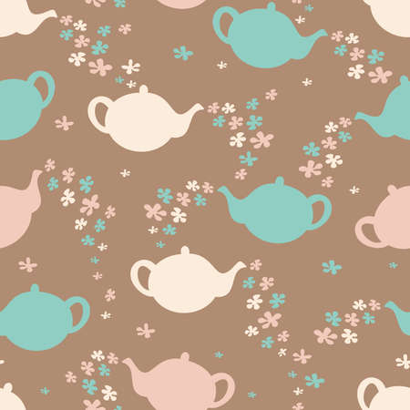 Vector seamless pattern with teapots and flowers. Design with silhouettes of teapots.のイラスト素材