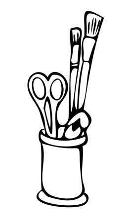 Vector illustration of jar with brushes and scissors. Black and white illustration.のイラスト素材