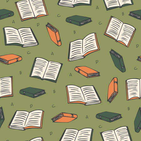 Vector seamless pattern with books and lettrs. Design in cartoon style.のイラスト素材