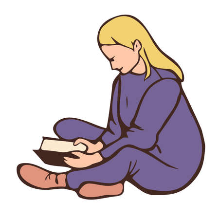 Vector illustration of sitting woman with book. Girl is reading book.のイラスト素材