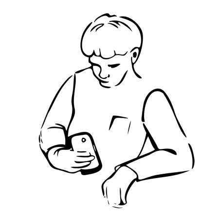 Vector illustration of man with smartphone. Hand drawn outline.のイラスト素材