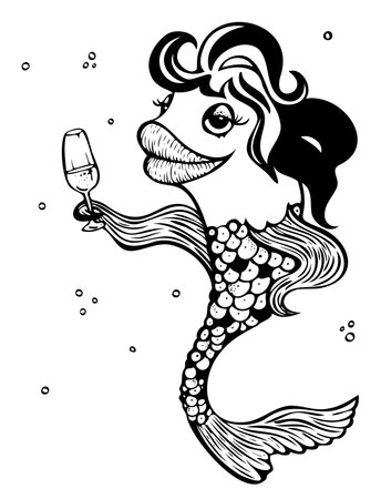 Vector illustration of cartoon fish with wineglass. Black and white glamor fish.のイラスト素材