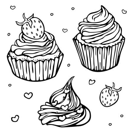 Vector illustration with collection of black and white cupcakes. Design for coloring book.のイラスト素材