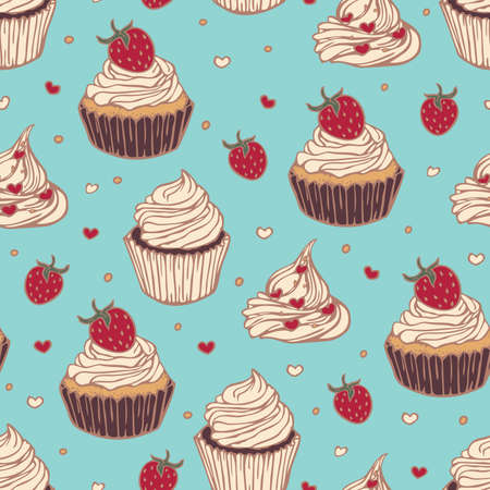 Vector seamless pattern with cupcakes. Hand drawn design with tasty confections.のイラスト素材