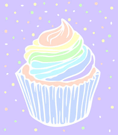 Vector illustration of cupcake with rainbow cream on its top. hand drawn cupcake.のイラスト素材