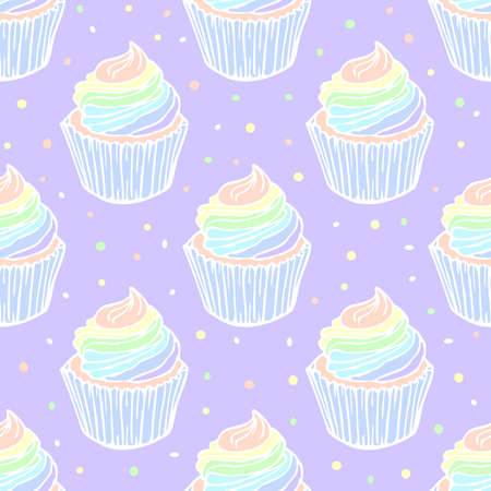 Vector seamless pattern with cupcakes and rainbow cream. Hand drawn design in pastel colors.のイラスト素材