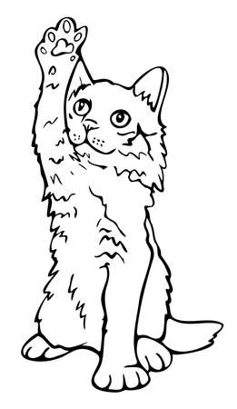 Vector illustration of cat standing with raised paw. Hand drawn black and white kitten.のイラスト素材