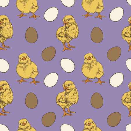 Vector seamless pattern with eggs and chicks on purple background. hand drawn design.のイラスト素材