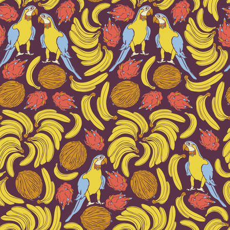 Vector seamless pattern with hand drawn ara and exotic fruits. Design with parrots, bananas, dragon fruits and coconuts.のイラスト素材