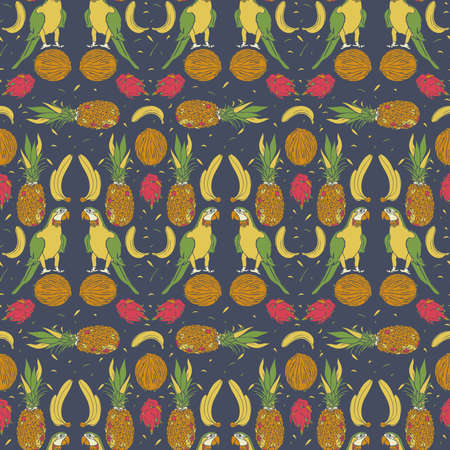 Vector seamless pattern with parrots, pineapples, bananas, coconuts and dragon fruits. Exotic hand drawn pattern.のイラスト素材