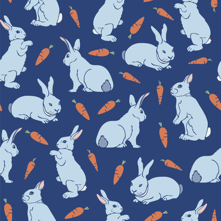 Vector seamless pattern with rabbits and carrots. Funny design with hand drawn bunnies.のイラスト素材