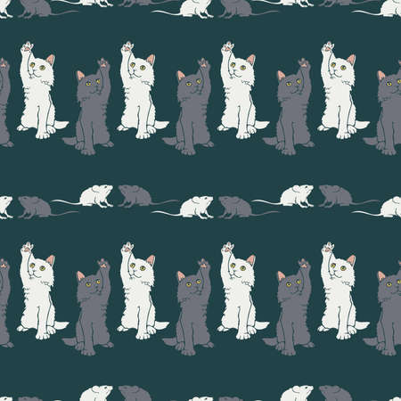 Vector seamless pattern with gray and white kittens and mice. Hand drawn design with cats and mice.のイラスト素材