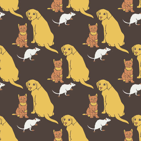 Vector seamless pattern with cat, dog and rat. Hand drawn design with pets.のイラスト素材