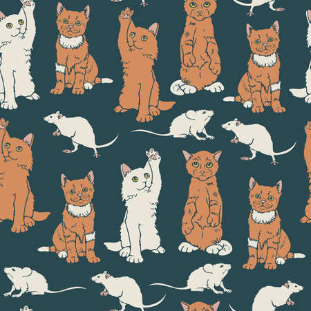 Vector seamless pattern with ginger cats and white mice and rats. Design with hand drawn animals.のイラスト素材