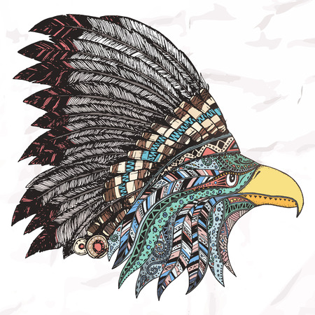 Eagle in feathered tribal headdress. Hippie ornament. Hand drawn.のイラスト素材