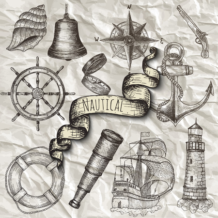 Items on the marine theme. Hand drawn elements.のイラスト素材