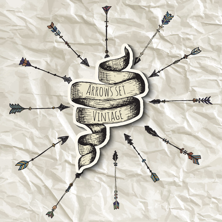 Hand drawn vintage arrows set. Retro background.のイラスト素材
