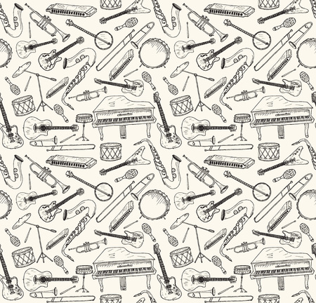 Hand drawn musical instruments set. Vector illustration. Seamless pattern,のイラスト素材