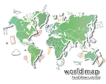 Hand drawn realistic world map. Concept with doodle icons.のイラスト素材