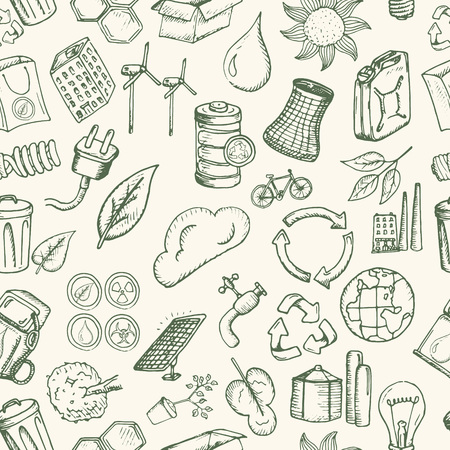 Ecology icons set. Hand drawn vector illustration. Seamless pattern.のイラスト素材