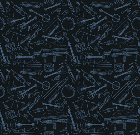 Hand drawn musical instruments set. Vector illustration. Seamless pattern,のイラスト素材