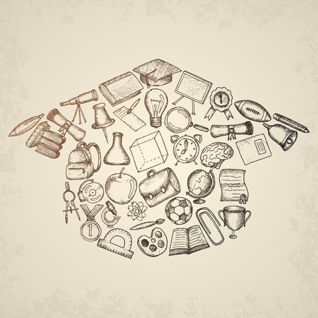 Freehand drawing school items. Set of drawings.のイラスト素材