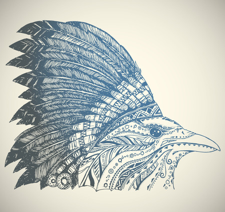 Hand Drawn Native American Indian Headdress. Crown in Indian chief feather hat.のイラスト素材