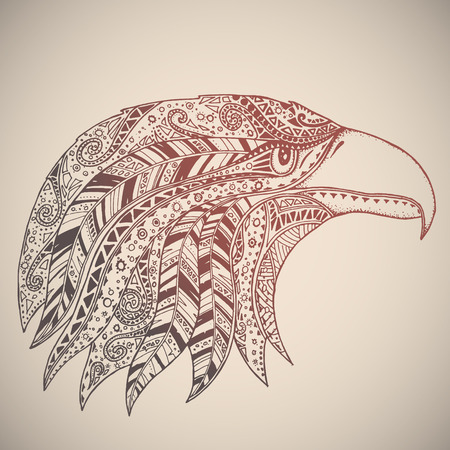 Eagle in oriental tribal ornament. Hippie ornament. Hand drawn.のイラスト素材