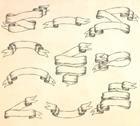 Vintage ribbons set. Hand drawn banners vector illustration.のイラスト素材