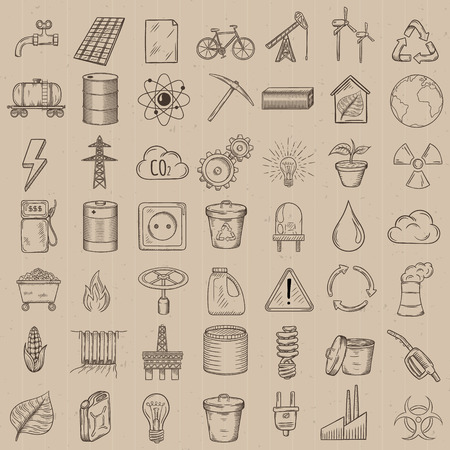 Set of industrial and ecology icons. Hand drawn vector illustration.のイラスト素材