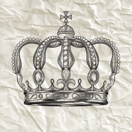 Crown in engraving style. Hand drawn vector illustration.のイラスト素材