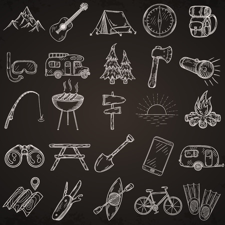 Set of hand drawn camping icons. Vector illustration.のイラスト素材