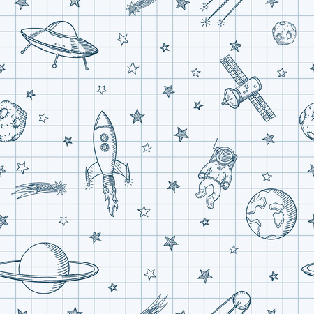 Hand drawn astronomy doodle seamless pattern. Hand drawn vector illustration.のイラスト素材