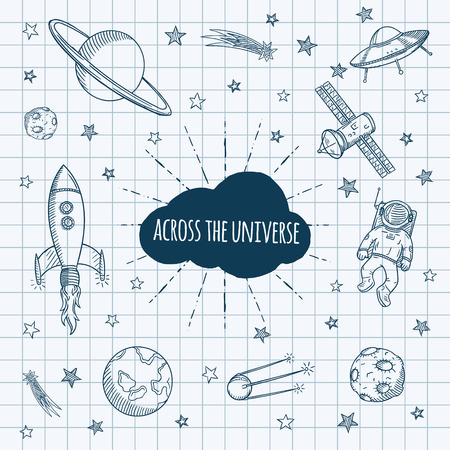 Hand drawn set of astronomy doodles. Hand drawn vector illustration.のイラスト素材